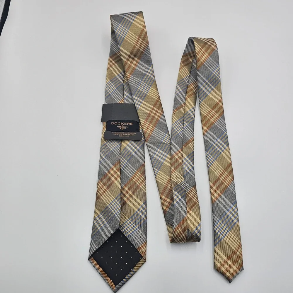 Dockers Slim Tie‎ Gold Gray Blue Plaid Tartan Silk Blend Hand Made Men's Necktie